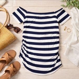 Isabel Maternity Navy White Stripe Off Shoulder Top Ruched Side Size S